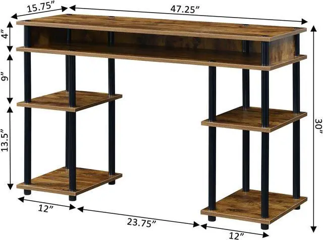 Alt view image 3 of 6 - Convenience Concepts Designs2Go No Tools Student Contemporary Office Desk and Vanity with Shelves, 47.25" L x 15.75" W x 30" H, Barnwood/Black