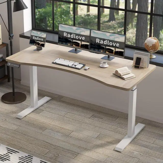 Main image of Radlove Dual Motors Height Adjustable 63 x 30'' Electric Standing Desk with Curved Design Stand Up Table 4 Memory Keys, Computer Desk with Splice Board Home Office Desk, Oak Top + White Frame