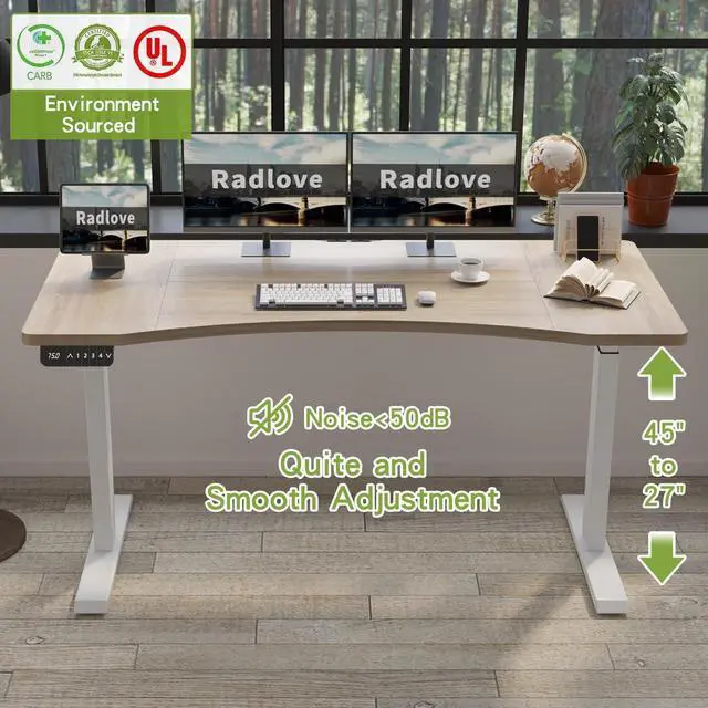 Alt view image 3 of 7 - Radlove Dual Motors Height Adjustable 63 x 30'' Electric Standing Desk with Curved Design Stand Up Table 4 Memory Keys, Computer Desk with Splice Board Home Office Desk, Oak Top + White Frame