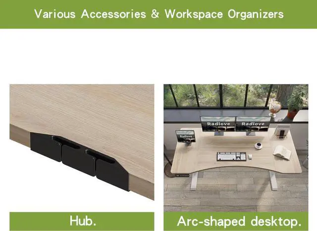 Alt view image 5 of 7 - Radlove Dual Motors Height Adjustable 63 x 30'' Electric Standing Desk with Curved Design Stand Up Table 4 Memory Keys, Computer Desk with Splice Board Home Office Desk, Oak Top + White Frame