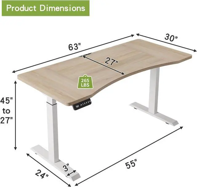 Alt view image 7 of 7 - Radlove Dual Motors Height Adjustable 63 x 30'' Electric Standing Desk with Curved Design Stand Up Table 4 Memory Keys, Computer Desk with Splice Board Home Office Desk, Oak Top + White Frame