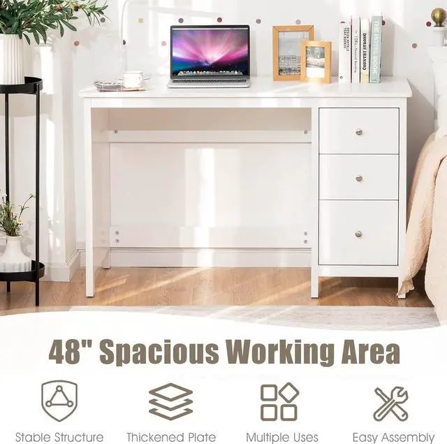 Alt view image 4 of 7 - White Computer Desk with Drawers, 48 x 20 x 29.5 Home Office Computer Workstation, Modern Executive Desks, Teens Writing Study Table Laptop Desk for Bedroom, Study, Small Space (White)