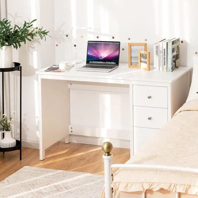 Alt view image 7 of 7 - White Computer Desk with Drawers, 48 x 20 x 29.5 Home Office Computer Workstation, Modern Executive Desks, Teens Writing Study Table Laptop Desk for Bedroom, Study, Small Space (White)
