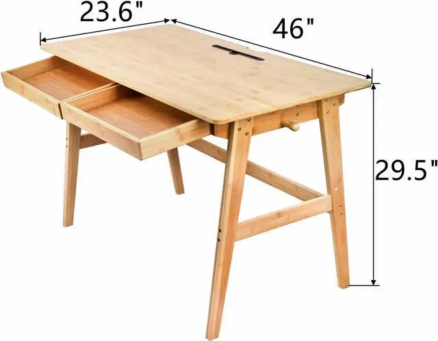 Alt view image 3 of 7 - Dicunoy Computer Desk with 2 Drawers, 46" Solid Bamboo Home Office Writing Desk for Small Space, Compact Simple Tables with Gap Design and Hook for PC, Laptop, Students, Study, Makeup, Bedroom