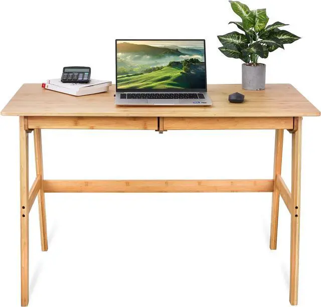 Alt view image 4 of 7 - Dicunoy Computer Desk with 2 Drawers, 46" Solid Bamboo Home Office Writing Desk for Small Space, Compact Simple Tables with Gap Design and Hook for PC, Laptop, Students, Study, Makeup, Bedroom