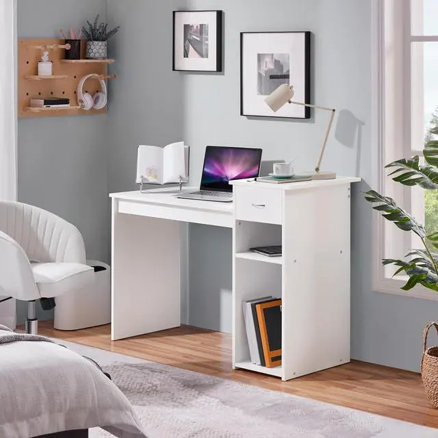 Alt view image 4 of 7 - Yaheetech Home Office Computer Desk with Storage Drawer & Monitor Shelf, Writing PC Laptop Table Desk Study Workstation Furniture for Small Spaces, White