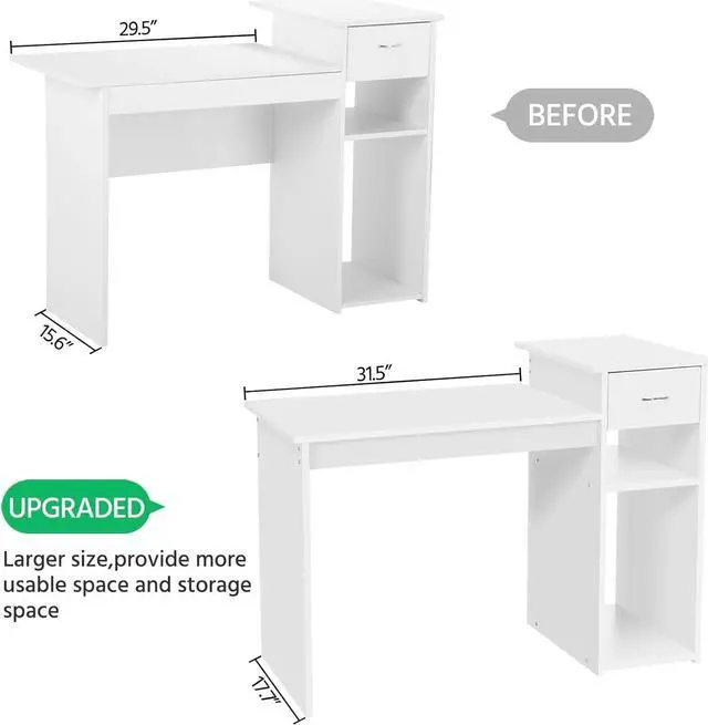 Alt view image 6 of 7 - Yaheetech Home Office Computer Desk with Storage Drawer & Monitor Shelf, Writing PC Laptop Table Desk Study Workstation Furniture for Small Spaces, White