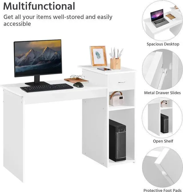 Alt view image 5 of 7 - Yaheetech Home Office Computer Desk with Storage Drawer & Monitor Shelf, Writing PC Laptop Table Desk Study Workstation Furniture for Small Spaces, White