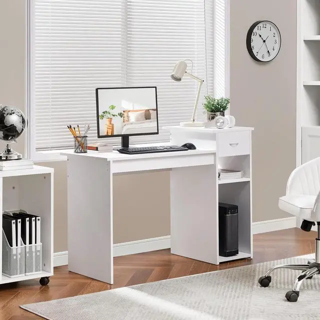 Alt view image 2 of 7 - Yaheetech Home Office Computer Desk with Storage Drawer & Monitor Shelf, Writing PC Laptop Table Desk Study Workstation Furniture for Small Spaces, White