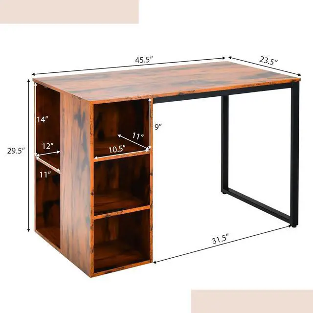 Alt view image 3 of 7 - Tangkula Computer Desk with Storage Shelves, Home Office Desk with 5 Side Shelves & Metal Frame, Space Saving Laptop PC Desk, Writing Study Desk, Modern Vanity Desk for Bedroom (Rustic Brown)