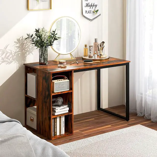 Alt view image 4 of 7 - Tangkula Computer Desk with Storage Shelves, Home Office Desk with 5 Side Shelves & Metal Frame, Space Saving Laptop PC Desk, Writing Study Desk, Modern Vanity Desk for Bedroom (Rustic Brown)