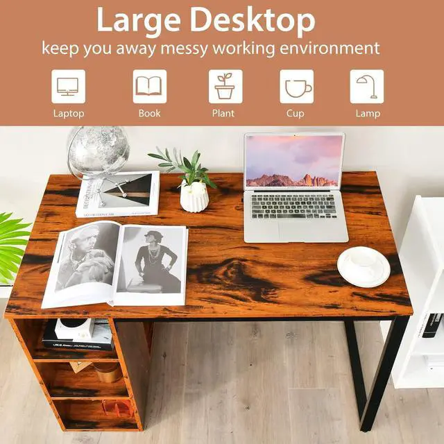 Alt view image 5 of 7 - Tangkula Computer Desk with Storage Shelves, Home Office Desk with 5 Side Shelves & Metal Frame, Space Saving Laptop PC Desk, Writing Study Desk, Modern Vanity Desk for Bedroom (Rustic Brown)