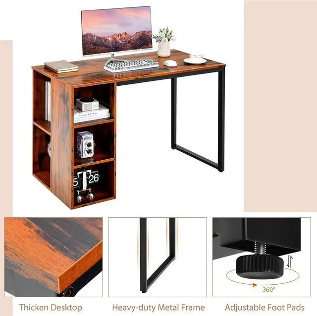 Alt view image 7 of 7 - Tangkula Computer Desk with Storage Shelves, Home Office Desk with 5 Side Shelves & Metal Frame, Space Saving Laptop PC Desk, Writing Study Desk, Modern Vanity Desk for Bedroom (Rustic Brown)