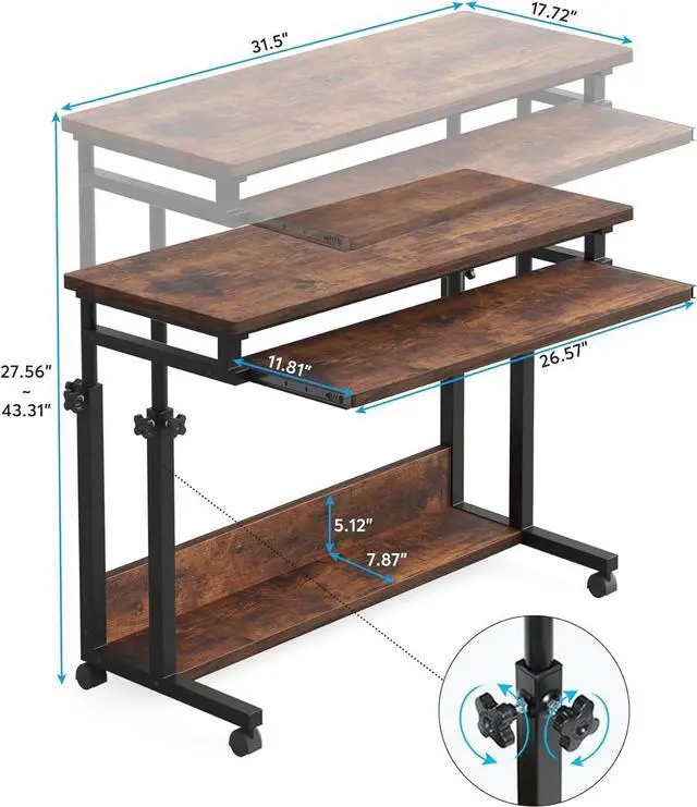 Alt view image 2 of 7 - Tribesigns Portable Desk for Sofa and Bed, Height Adjustable Laptop Table Small Standing Desk Rolling Computer Cart with Keyboard Tray on Wheels for Home Office