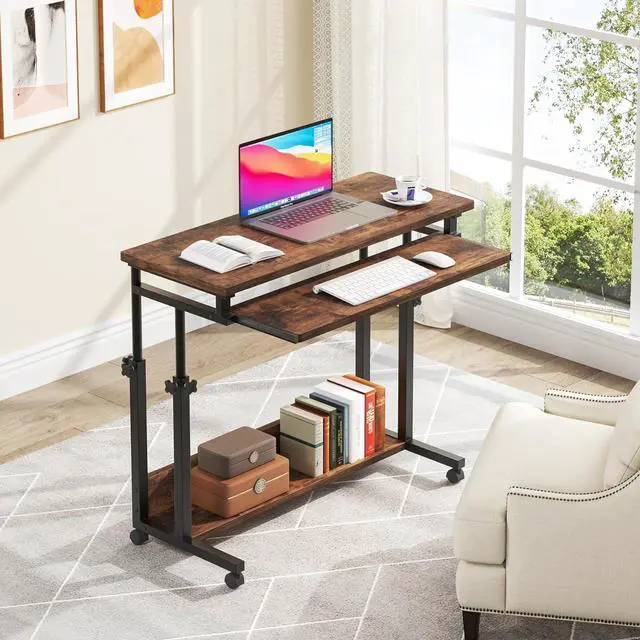 Alt view image 4 of 7 - Tribesigns Portable Desk for Sofa and Bed, Height Adjustable Laptop Table Small Standing Desk Rolling Computer Cart with Keyboard Tray on Wheels for Home Office