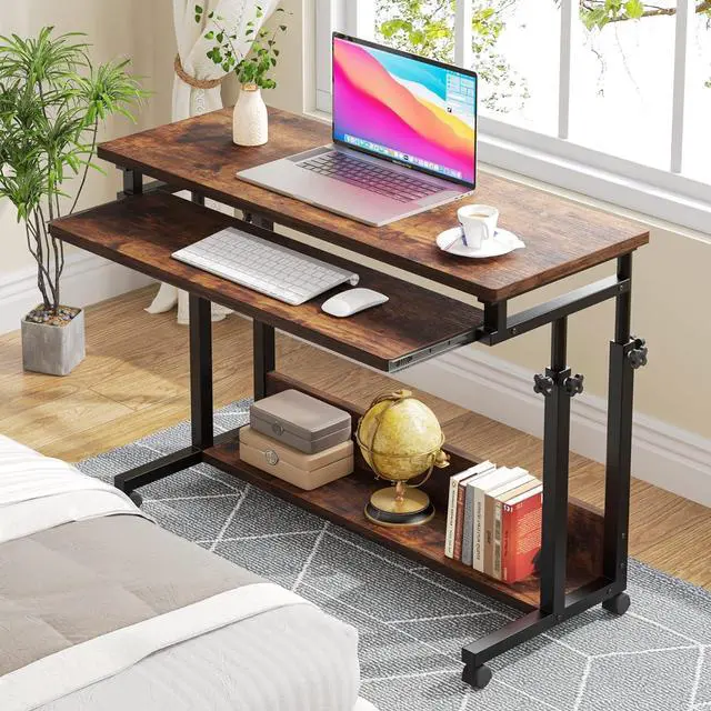 Alt view image 5 of 7 - Tribesigns Portable Desk for Sofa and Bed, Height Adjustable Laptop Table Small Standing Desk Rolling Computer Cart with Keyboard Tray on Wheels for Home Office
