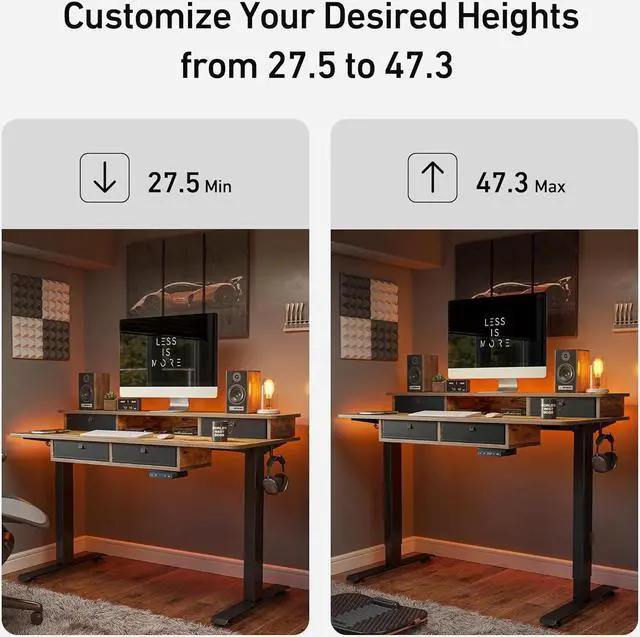 Alt view image 3 of 7 - FEZIBO 55 x 24 Electric Standing Desk Adjustable Height with 4 Drawers, Sit Stand Desk with Storage Shelf, Rising Desk with Splice Board, Black Frame/Rustic Brown Top, 55 inch