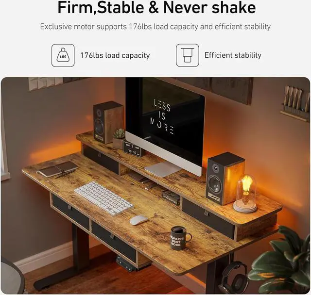 Alt view image 4 of 7 - FEZIBO 55 x 24 Electric Standing Desk Adjustable Height with 4 Drawers, Sit Stand Desk with Storage Shelf, Rising Desk with Splice Board, Black Frame/Rustic Brown Top, 55 inch