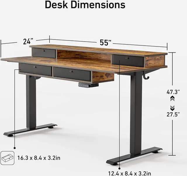 Alt view image 2 of 7 - FEZIBO 55 x 24 Electric Standing Desk Adjustable Height with 4 Drawers, Sit Stand Desk with Storage Shelf, Rising Desk with Splice Board, Black Frame/Rustic Brown Top, 55 inch