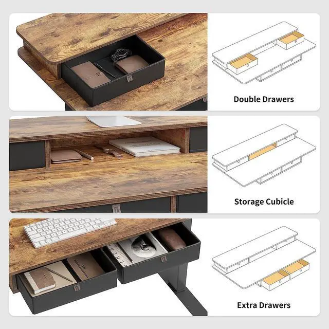Alt view image 5 of 7 - FEZIBO 55 x 24 Electric Standing Desk Adjustable Height with 4 Drawers, Sit Stand Desk with Storage Shelf, Rising Desk with Splice Board, Black Frame/Rustic Brown Top, 55 inch