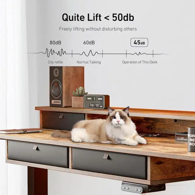 Alt view image 7 of 7 - FEZIBO 55 x 24 Electric Standing Desk Adjustable Height with 4 Drawers, Sit Stand Desk with Storage Shelf, Rising Desk with Splice Board, Black Frame/Rustic Brown Top, 55 inch
