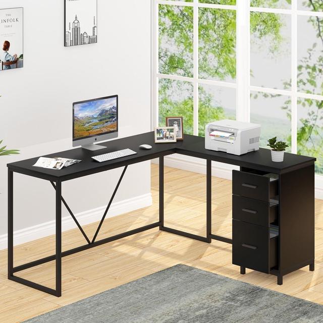 Computer Desk with Drawer & Cabinet, Wooden Home Office Desk, PC