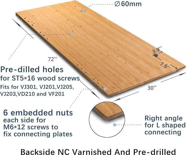 Alt view image 4 of 7 - VWINDESK 72 x 30 x 1 Inch 100% Solid Bamboo Desk Table Top Only,for Standing Desk Home Office Desk with 60mm Grommets(Right Angle)