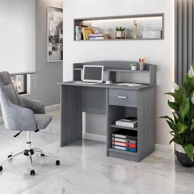 Alt view image 2 of 7 - Techni Mobili Modern Office Hutch Writing Desk, Grey