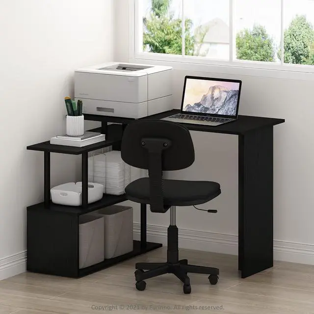 Alt view image 2 of 7 - Furinno Moore L-Shape Computer Desk with 3-Tier Shelves, Americano