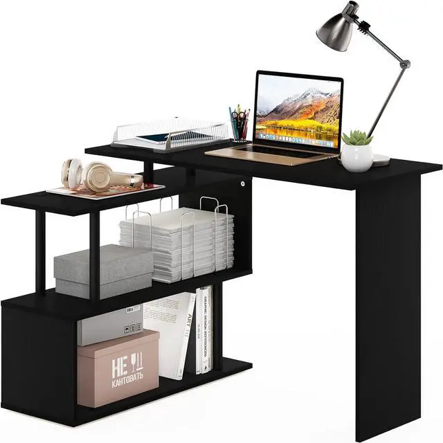 Alt view image 5 of 7 - Furinno Moore L-Shape Computer Desk with 3-Tier Shelves, Americano