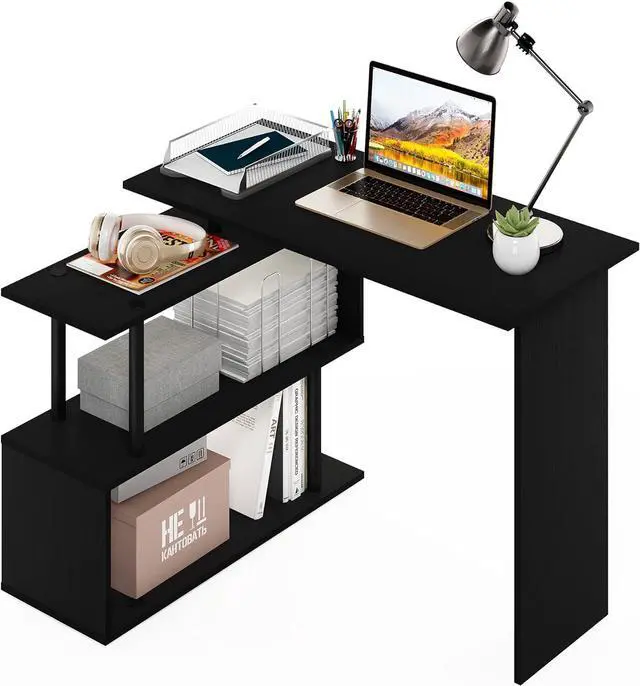 Alt view image 6 of 7 - Furinno Moore L-Shape Computer Desk with 3-Tier Shelves, Americano