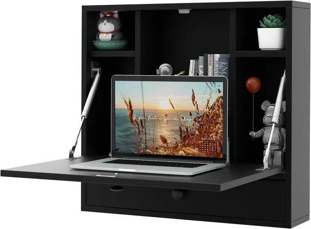 Main image of Tangkula Wall Mounted Desk, Multi-Function Floating Desk Wall Mount Laptop Desk, Space Saving Wall Mounted Table Wall Desk with Storage Drawer and Shelves (Black)