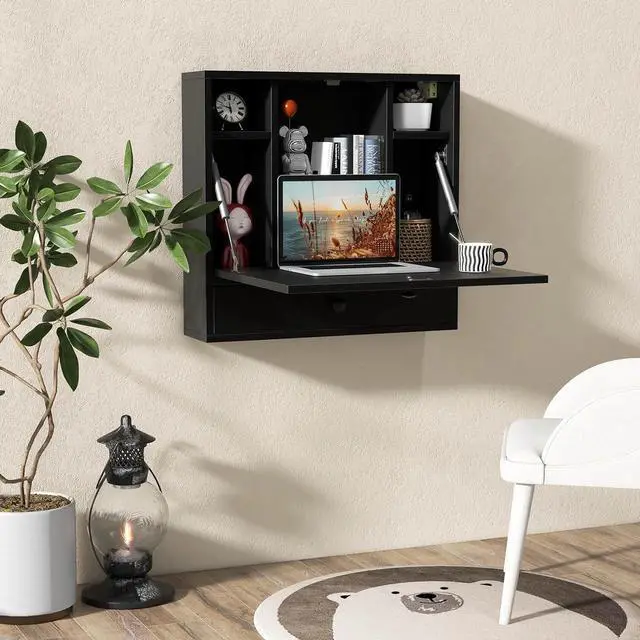 Alt view image 2 of 7 - Tangkula Wall Mounted Desk, Multi-Function Floating Desk Wall Mount Laptop Desk, Space Saving Wall Mounted Table Wall Desk with Storage Drawer and Shelves (Black)