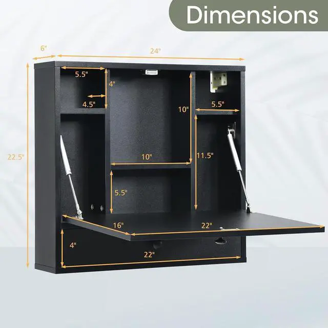 Alt view image 3 of 7 - Tangkula Wall Mounted Desk, Multi-Function Floating Desk Wall Mount Laptop Desk, Space Saving Wall Mounted Table Wall Desk with Storage Drawer and Shelves (Black)