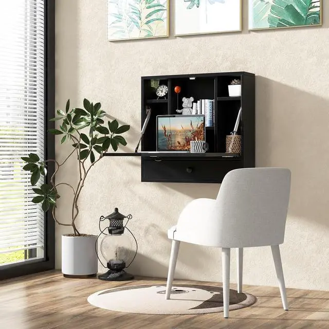 Alt view image 4 of 7 - Tangkula Wall Mounted Desk, Multi-Function Floating Desk Wall Mount Laptop Desk, Space Saving Wall Mounted Table Wall Desk with Storage Drawer and Shelves (Black)