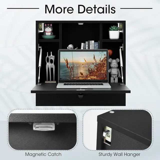 Alt view image 6 of 7 - Tangkula Wall Mounted Desk, Multi-Function Floating Desk Wall Mount Laptop Desk, Space Saving Wall Mounted Table Wall Desk with Storage Drawer and Shelves (Black)