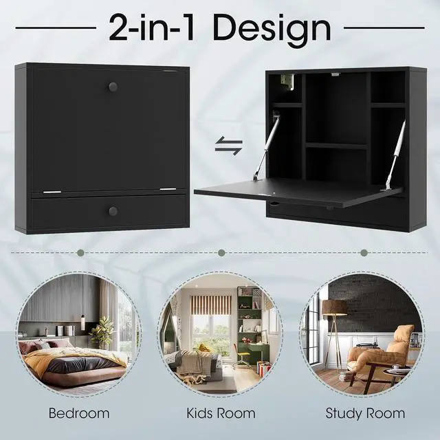 Alt view image 7 of 7 - Tangkula Wall Mounted Desk, Multi-Function Floating Desk Wall Mount Laptop Desk, Space Saving Wall Mounted Table Wall Desk with Storage Drawer and Shelves (Black)