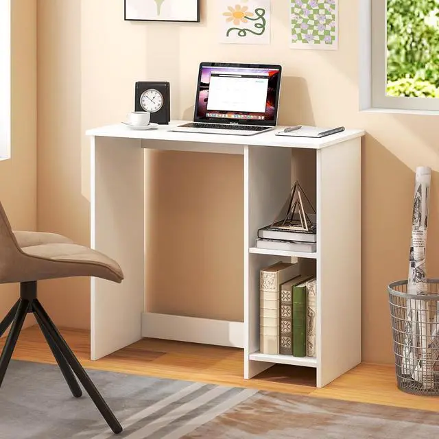 Alt view image 2 of 7 - Tangkula Small White Desk with Shelves, Compact Small Desk for Small Space, Study Writing Desk with 2 Tier Shelves, Modern Simple Style Laptop Desk, PC Desk, Kids Desk, White