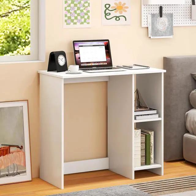 Alt view image 4 of 7 - Tangkula Small White Desk with Shelves, Compact Small Desk for Small Space, Study Writing Desk with 2 Tier Shelves, Modern Simple Style Laptop Desk, PC Desk, Kids Desk, White