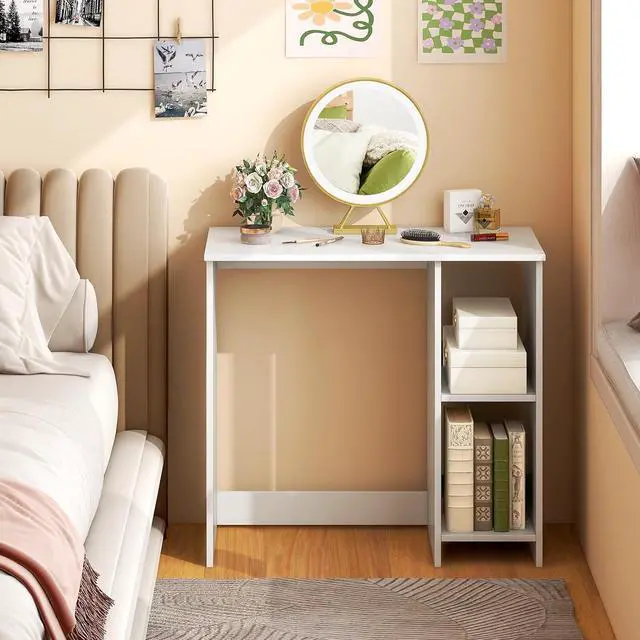 Alt view image 5 of 7 - Tangkula Small White Desk with Shelves, Compact Small Desk for Small Space, Study Writing Desk with 2 Tier Shelves, Modern Simple Style Laptop Desk, PC Desk, Kids Desk, White