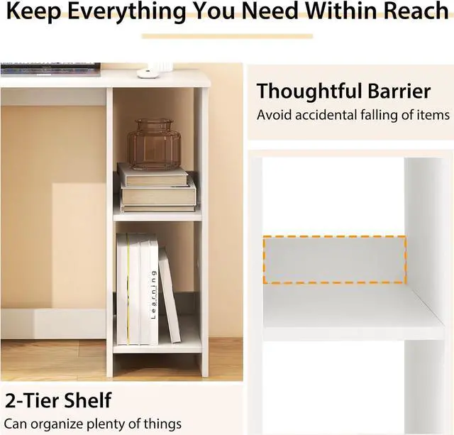 Alt view image 6 of 7 - Tangkula Small White Desk with Shelves, Compact Small Desk for Small Space, Study Writing Desk with 2 Tier Shelves, Modern Simple Style Laptop Desk, PC Desk, Kids Desk, White