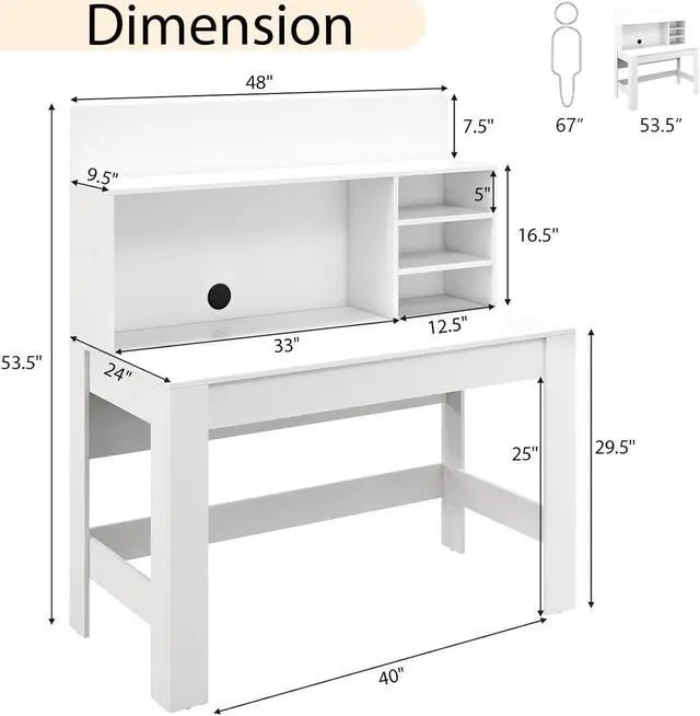 Alt view image 3 of 7 - Giantex White Computer Desk with Bookshelf, 48" Home Office Writing Desk with Anti-Tipping Kits & Cable Management Hole, Modern Study Table Workstation for Small Space Bedroom