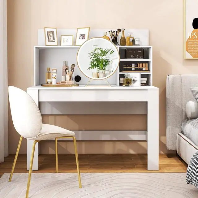 Alt view image 4 of 7 - Giantex White Computer Desk with Bookshelf, 48" Home Office Writing Desk with Anti-Tipping Kits & Cable Management Hole, Modern Study Table Workstation for Small Space Bedroom