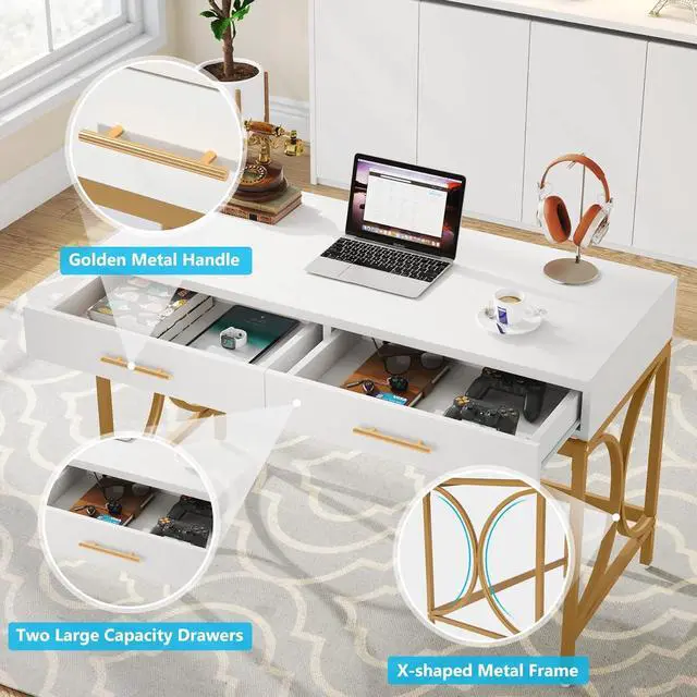 Alt view image 5 of 7 - Tribesigns Modern Computer Desk with 2 Drawers, 41 Inches Study Writing Office Desk for Home Office, Bedroom, Makeup Vanity Table Desk with Gold Metal Frame, White & Gold