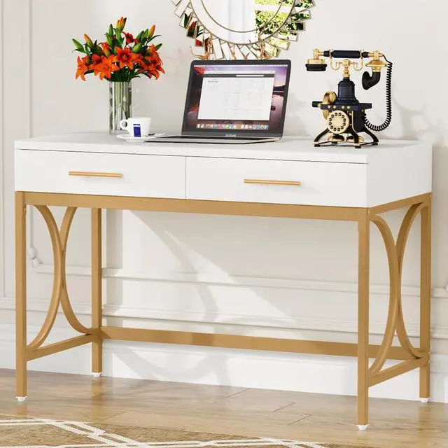 Alt view image 6 of 7 - Tribesigns Modern Computer Desk with 2 Drawers, 41 Inches Study Writing Office Desk for Home Office, Bedroom, Makeup Vanity Table Desk with Gold Metal Frame, White & Gold