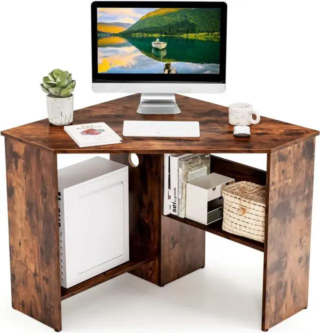 Main image of COSTWAY Corner Computer Desk, Space-Saving Triangular Writing Desk w/ 2 Storage Shelves & 2 Cable Holes, Multi-Functional Console Table for Small Space in Home Office, Living Room, Bedroom (Coffee)