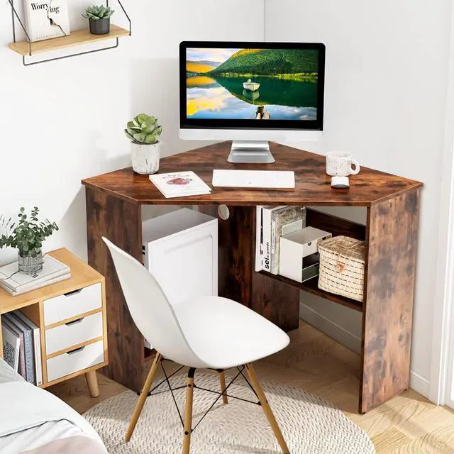 Alt view image 2 of 7 - COSTWAY Corner Computer Desk, Space-Saving Triangular Writing Desk w/ 2 Storage Shelves & 2 Cable Holes, Multi-Functional Console Table for Small Space in Home Office, Living Room, Bedroom (Coffee)