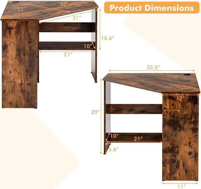 Alt view image 3 of 7 - COSTWAY Corner Computer Desk, Space-Saving Triangular Writing Desk w/ 2 Storage Shelves & 2 Cable Holes, Multi-Functional Console Table for Small Space in Home Office, Living Room, Bedroom (Coffee)