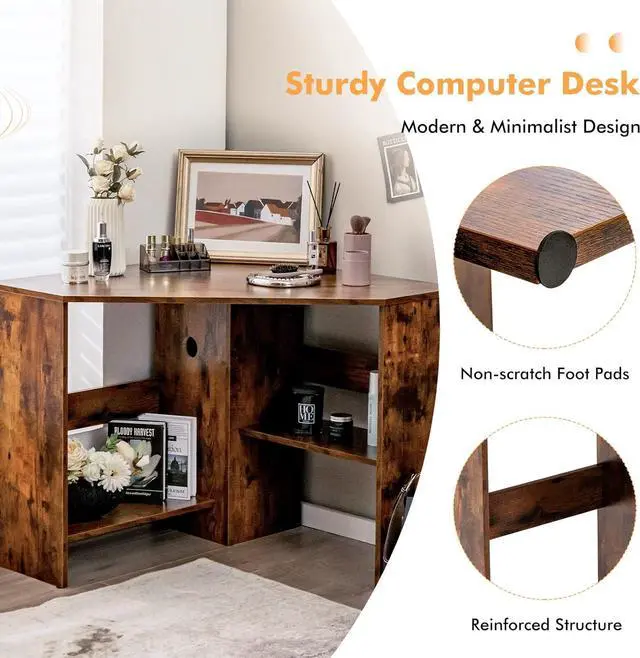 Alt view image 4 of 7 - COSTWAY Corner Computer Desk, Space-Saving Triangular Writing Desk w/ 2 Storage Shelves & 2 Cable Holes, Multi-Functional Console Table for Small Space in Home Office, Living Room, Bedroom (Coffee)
