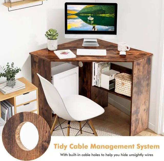 Alt view image 6 of 7 - COSTWAY Corner Computer Desk, Space-Saving Triangular Writing Desk w/ 2 Storage Shelves & 2 Cable Holes, Multi-Functional Console Table for Small Space in Home Office, Living Room, Bedroom (Coffee)